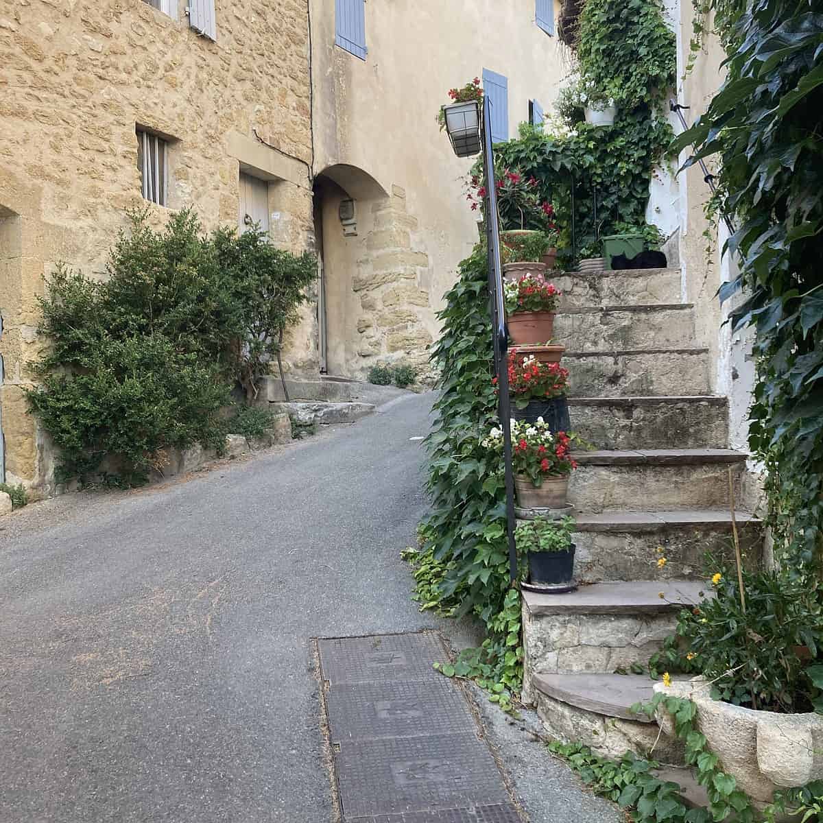 French village street with steps and flower pots