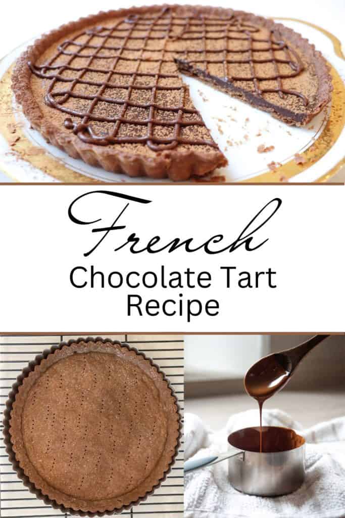 Collage of three images, french chocolate tart, chocolate tart crust, and melted chocolate falling from spoon.