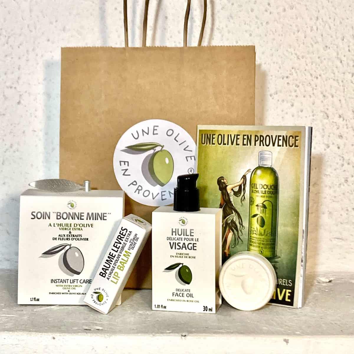 French Provencal beauty products in boxes with a white backdrop