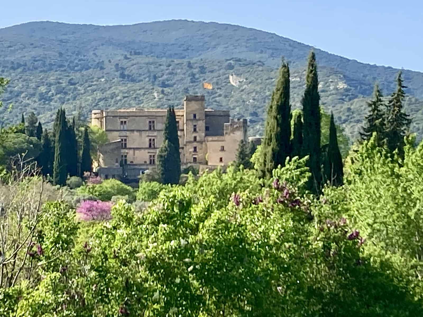 Castle in Lourmarin with cedar trees and plants in the foreground