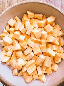 diced pumkin pieces in a bowl