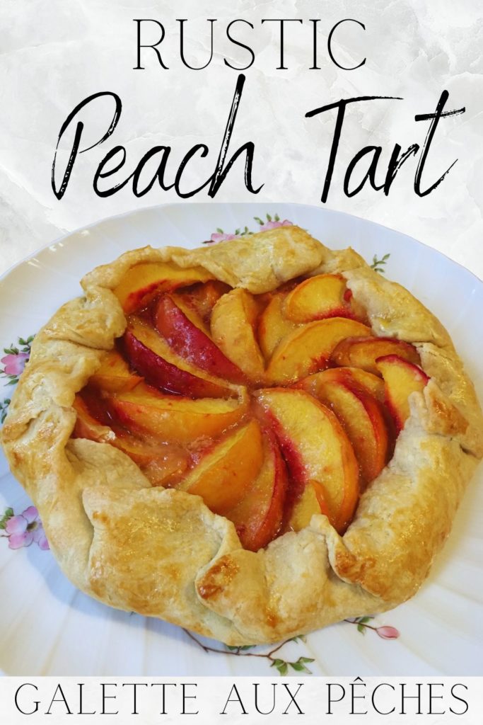 Peach galette with descriptive writing above it.