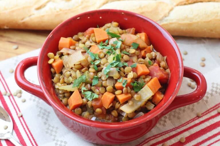 Savory lentil vegetable stew in a red bowl with carrots, onions, and herbs on a rustic wooden table, perfect for cozy French-inspired home cooking.