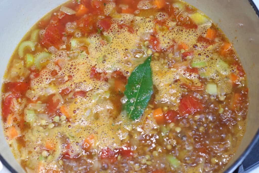 Savory vegetable and lentil soup simmering in a pot, garnished with a fresh bay leaf, showcasing rustic French country cuisine.
