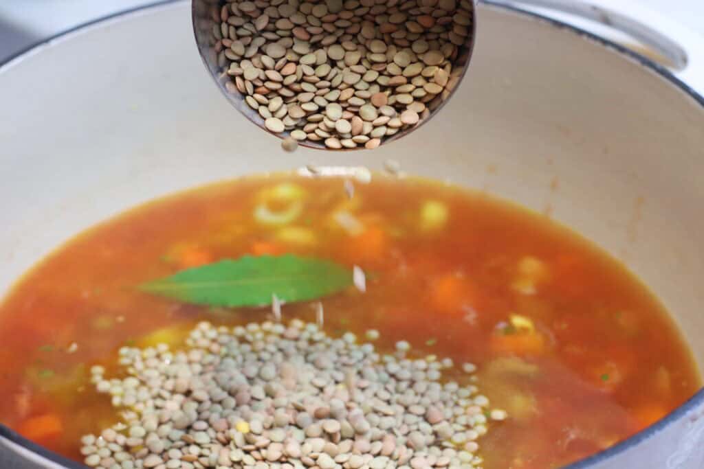 Dried lentils being added to a pot of vegetable soup with a bay leaf, close-up shot of lentils and colorful soup base.